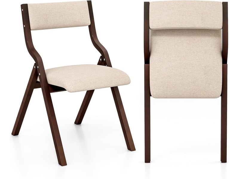 Lot de 2 chaises de cuisine pliantes rembourrées, structure bois massif, dossier en tissu de lin (café) - Conforama A