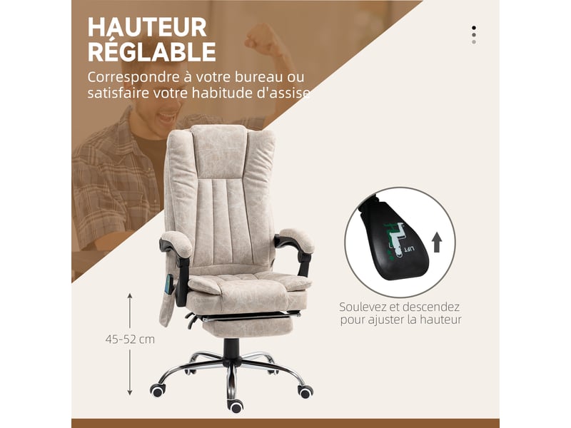  Fauteuil de bureau massant et chauffant avec hauteur réglable, repose-pied et télécommande, dossier inclinable, crème  - Conforama E