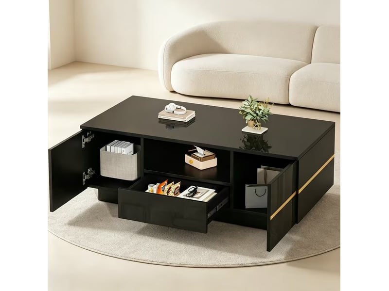  Table basse 100x50x35,5 cm avec led, rangement et accents dorés noire  - Conforama D