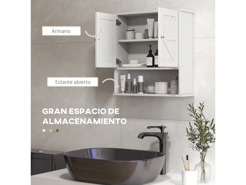  Meuble de salle de bain mural, style rustique, avec compartiments, étagère réglable, 2 portes, blanc  - Conforama D
