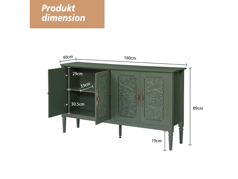  Buffet et enfilade 4 portes à relief sculpté, poignées métal et coins arrondis pour salle à manger en vert vintage  - Conforama C