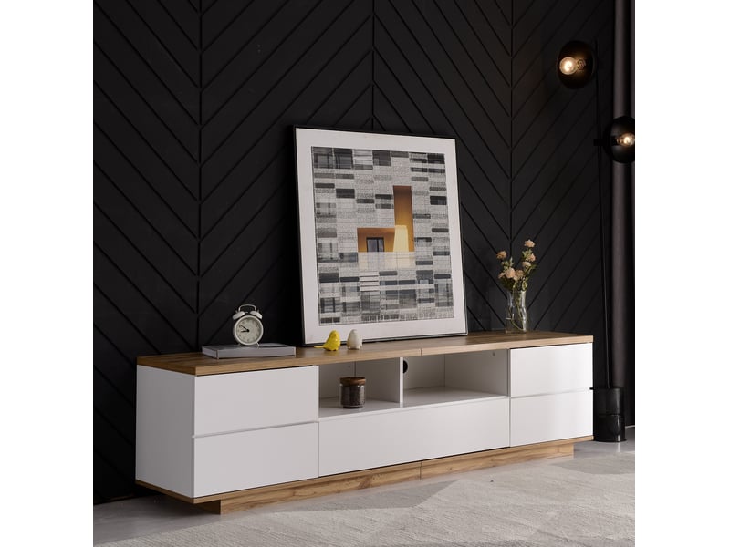  Meuble tv 180 cm blanc et décor bois en mdf, 5 portes et 2 niches ouvertes  - Conforama E