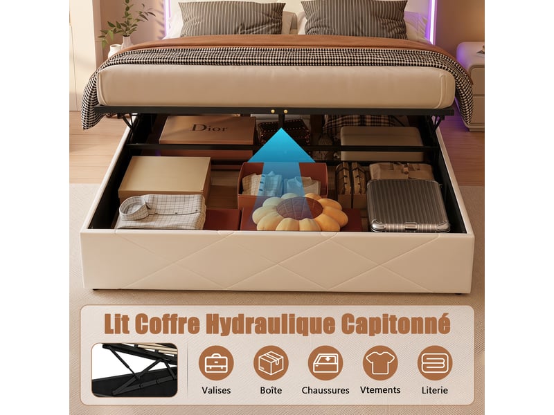  Lit 140x200 avec sommier coffre,led lit double avec rangement,tête de lits avec étagère ouvertes et usb ports,pour adultes et ado,blanc pu  - Conforama W