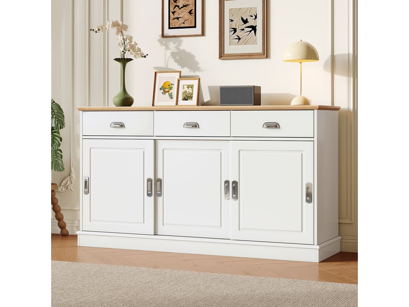 Buffet bas 3 portes coulissantes et 3 tiroirs, meuble de rangement, blanc, 140 x 40 x 77 cm, mdf Fay Lum - Conforama B