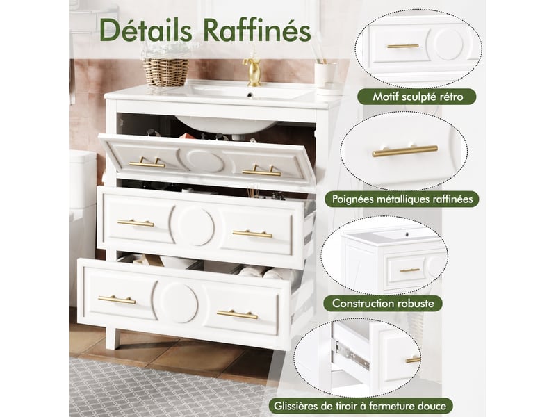 Meuble vasque blanc 81 cm avec 3 tiroirs et lavabo en céramique, style rétro  - Conforama D