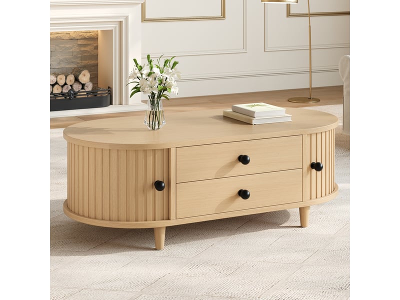  Table basse bois clair avec portes coulissantes, table de salon avec 2 tiroirs et pieds en bois massif, 100x50x36 cm  - Conforama W