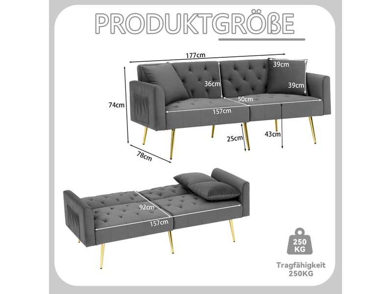 Canapé convertible 2 places 177x78x74 cm gris en velours, dossier réglable 3 positions, pieds métalliques - Conforama C