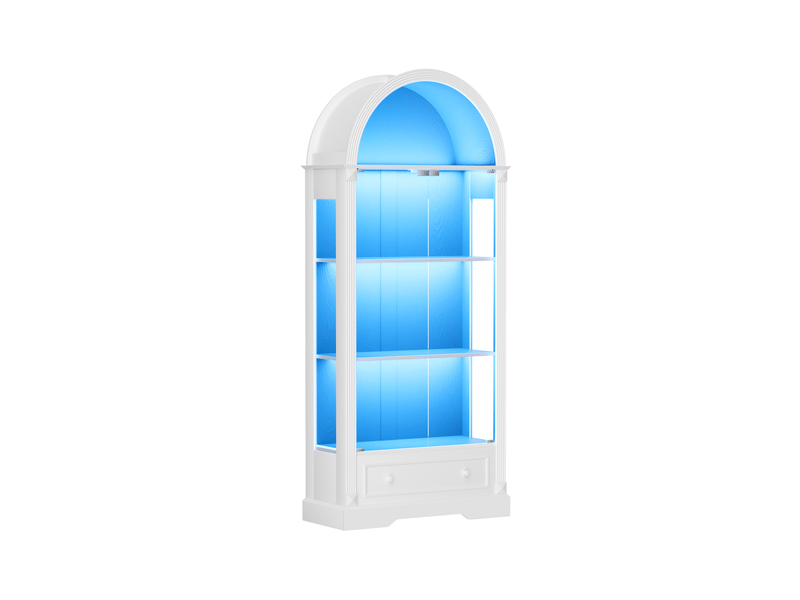  Vitrine blanche de 180 cm - vitrine cintrée de style champêtre avec portes vitrées, éclairage led et tiroirs  - Conforama A