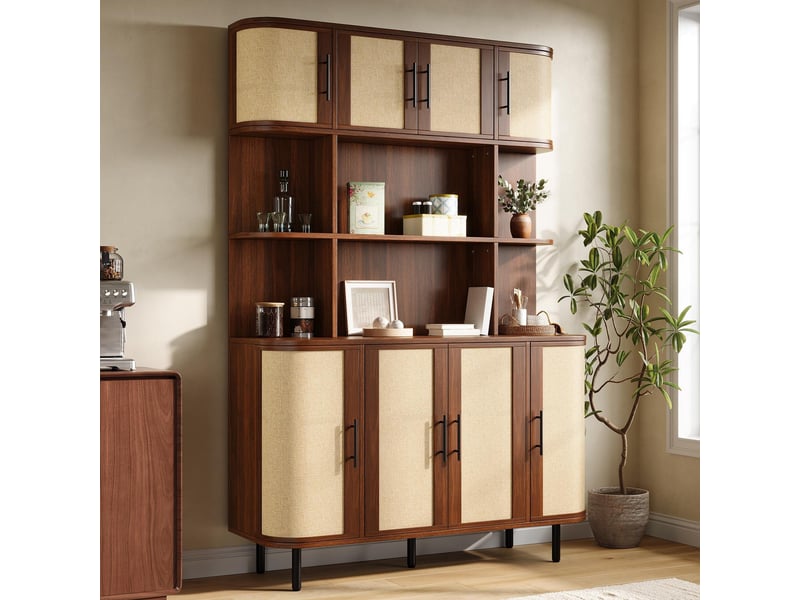  Buffet de cuisine - 120x40x180cm - vaisselier haut avec 8 portes effet tressé rotin, 6 niches, bords arrondis, pieds métal - noyer  - Conforama C