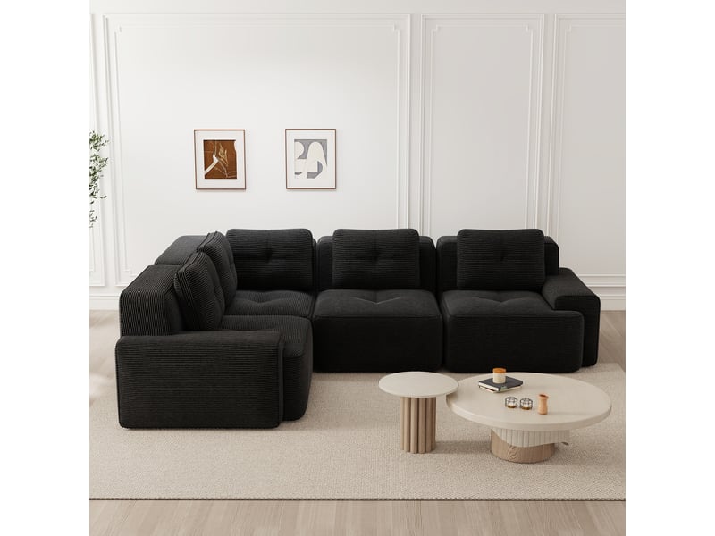Canapé d'angle modulaire sans montage avec assise profonde et base antidérapante en velours côtelé noir - Conforama C