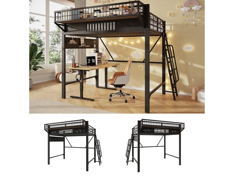 Lit mezzanine 140x200 cm noir, avec rangements, motifs étoiles et lunes, escalier réversible, structure métal, sommier inclus, sans matelas - Conforama R