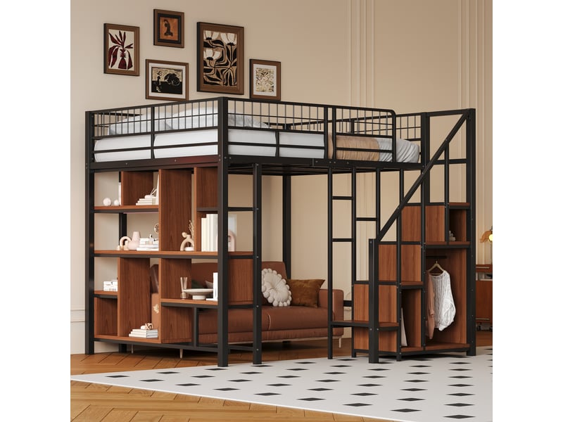 Lit mezzanine 140x200 cm métal pour adulte et ado avec escalier et rangements, design moderne en mdf + contreplaqué - noir - Conforama D