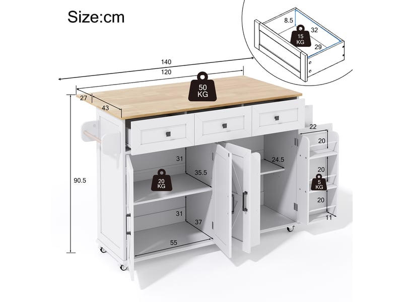 Îlot de cuisine blanc avec plateau rabattable, 4 portes, 3 tiroirs et 5 roulettes verrouillables - Conforama D