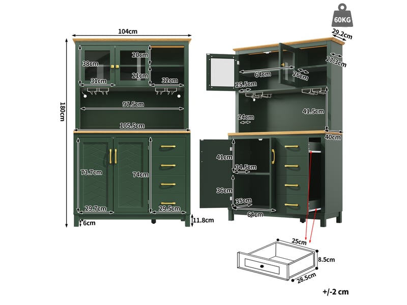  Buffet de cuisine avec 4 portes et led réglable, rangement en mdf vert pour salle à manger, 105.5 × 40 × 180 cm  - Conforama E