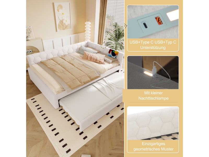  Lit de jour 140x200 canapé lit blanc avec sommier à lattes, lit gigogne multifonction, lampe et ports usb  - Conforama D