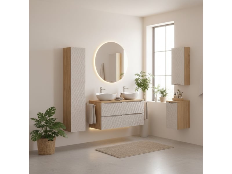  Ensemble de salle de bain yoka beige : 2 meubles sous vasque 60 cm + 2 vasques + 1 colonne et 2 meubles de rangements  - Conforama B