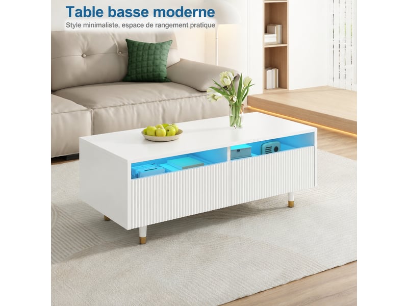  Table basse avec 2 tiroirs et façades ondulées, éclairage led, 110 x 50 x 40 cm  - Conforama B