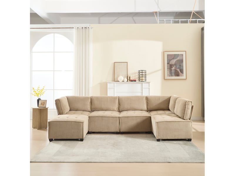 Canapé modulable 6 places 308x154 cm velours côtelé kaki - Conforama C