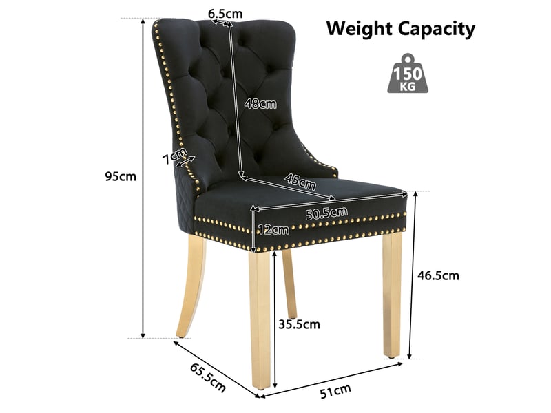  Lot de 4 chaises 50,5x45x95cm avec design unique de poignée de porte, design à clous, pieds en métal, velours, noir  - Conforama D