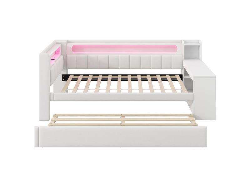 Canapé-lit rembourré 90 x 200 cm avec port usb et bande led, avec lit gigogne et bureau, tissu lin, blanc - Conforama E