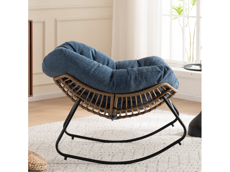 Fauteuil à bascule en chenille 95 x 107 x 83 cm – bleu – dossier haut, accoudoirs et structure en métal - Conforama B