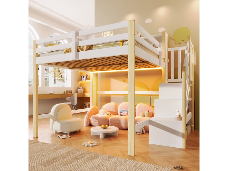  Lit mezzanine enfant 140 x 200 cm avec éclairage led, escalier avec rangements, blanc et naturel, sans matelas  - Conforama D