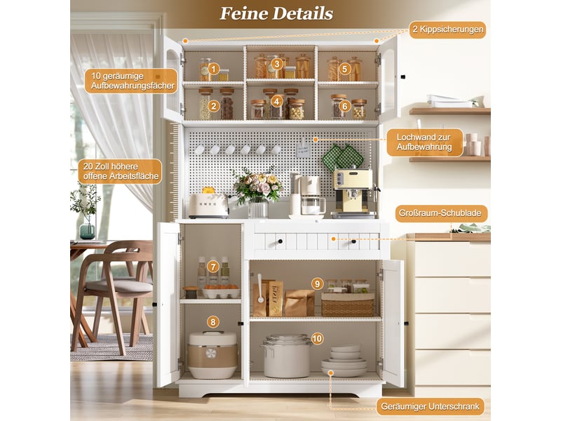  Buffet de cuisine haut avec portes vitrées, tiroir, étagères réglables et panneau perforé, blanc, 103,5×40×180 cm  - Conforama E