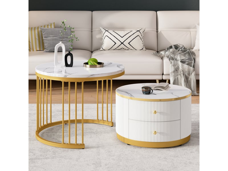  Lot de 2 tables basses rondes gigognes avec 2 tiroirs de rangement - effet marbre brillant  - Conforama D