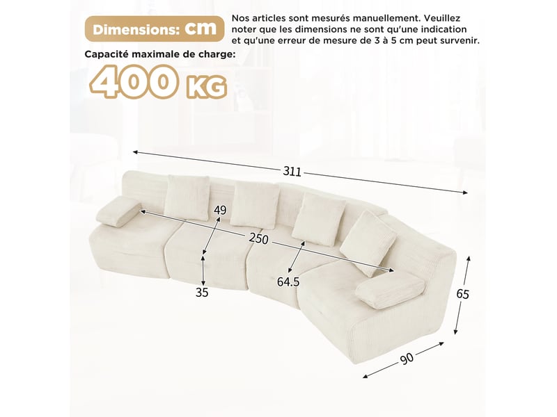 Canapé modulaire 4 places à modules indépendants sans montage, en velours côtelé beige clair, 311 × 90 × 65 cm - Conforama C