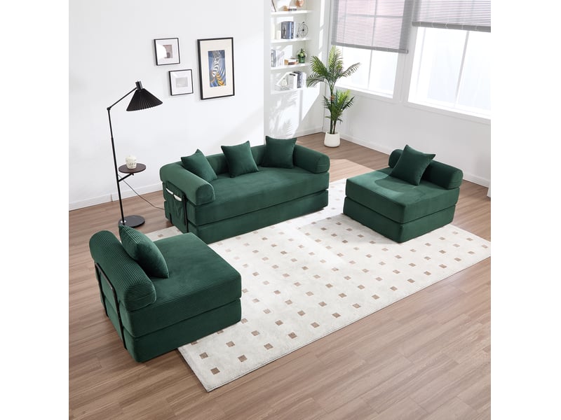  Canapé modulable 270x180x64 cm, design modulaire et poches latérales, avec stockage, velours côtelé, vert  - Conforama E