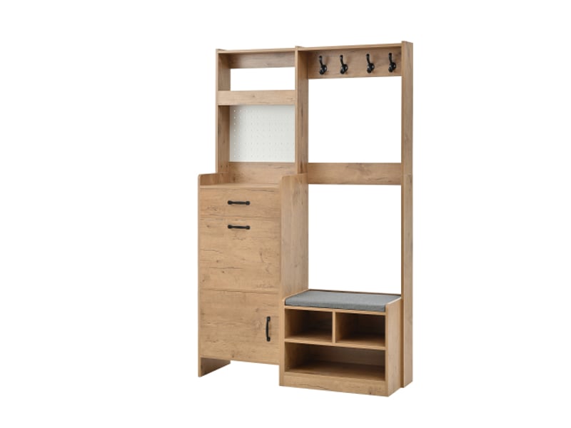 Porte-manteau mural avec banc à chaussures – 4 crochets, 1 tiroir, 2 portes, naturel, 108,5×35×180 cm - Conforama A