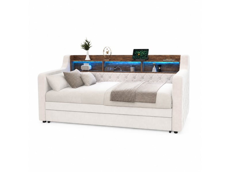  Lit gigogne simple 90×190 cm avec rangement, usb et led réglable - okmyhome- en velours beige, sans matelas  - Conforama A