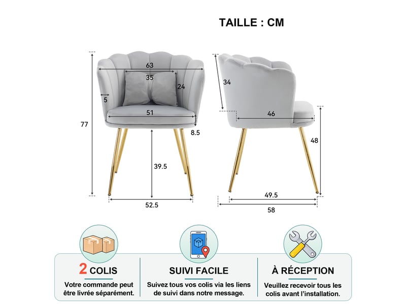  Lot de 2 fauteuils rembourrés avec dossier pétale, coussins de soutien et pieds en métal doré, en velours gris  - Conforama D