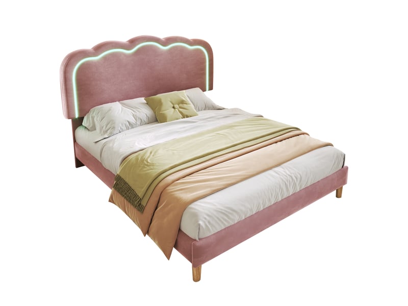  Lit double 140x200 cm avec tête de lit réglable en forme de coussin, éclairage led, velours rose  - Conforama A