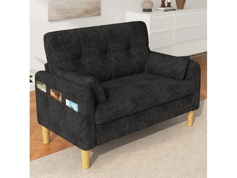 Canapé droit 2 places avec coussins amovibles, poche latérale et assise rembourrée en chenille gris, 119 × 78 × 85 cm - Conforama D