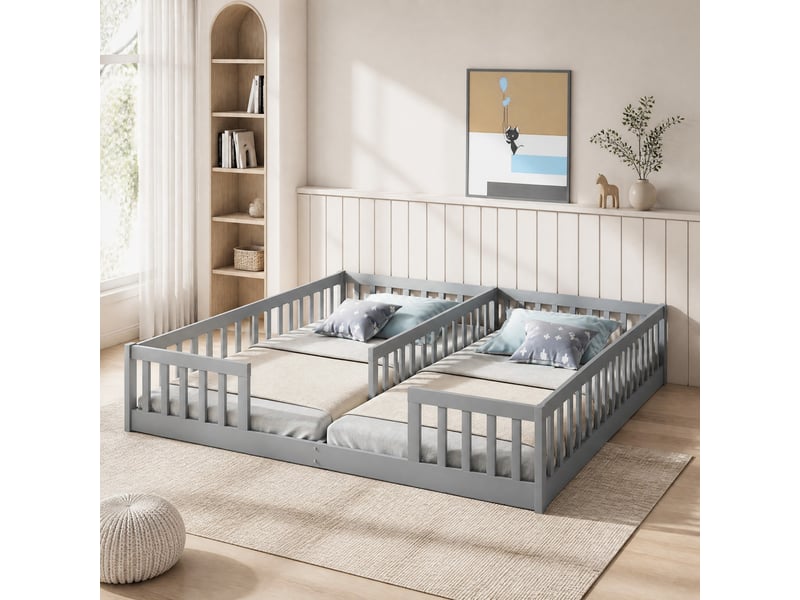  Lit enfant double au sol avec barrières 2 couchages 90x200 cm gris  - Conforama D