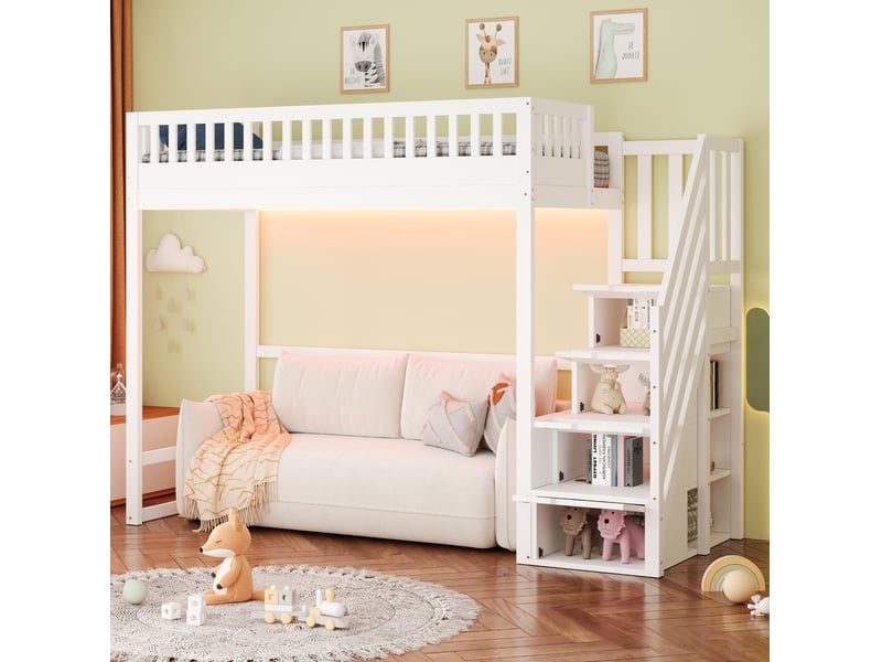 Lit mezzanine, 90x200 cm, escalier de rangement, barrière, lit enfant avec led, matelas non inclus, bois, coloris blanc - Conforama E