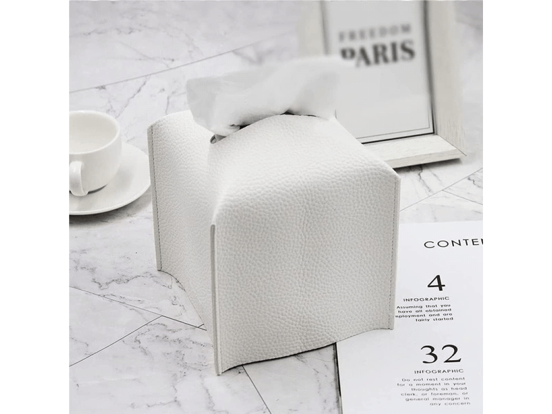  Une boîte à mouchoirs carrée blanche en similicuir adaptée à la salle de bain, à la table de chevet, au bureau  - Conforama B