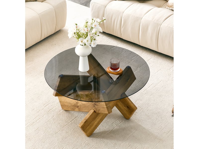  Table basse ronde avec plateau en verre trempé et piètement géométrique en mdf pour salon, bois clair ø 79 cm × h 45 cm  - Conforama D