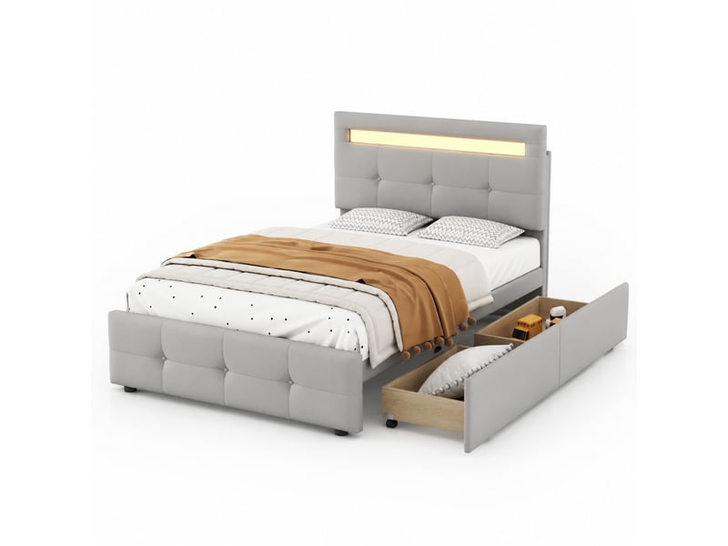  Lit avec tiroirs, lit simple 90×200 cm en tissu gris avec 2 tiroirs, led et tête réglable, sans matelas  - Conforama A