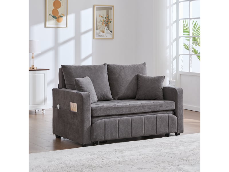  Canapé convertible 2 places avec poches latérales et porte-gobelets  - fonction lit, usb, chenille grise  - Conforama C