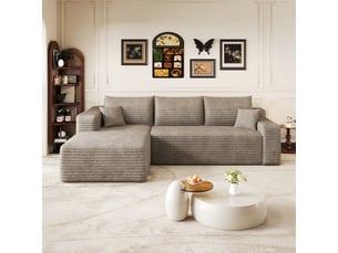 Canapé d'angle modulable 3 places en velours côtelé camel, 241 x 151 x 84 cm, méridienne gauche, sans montage, livré compressé, assise profonde