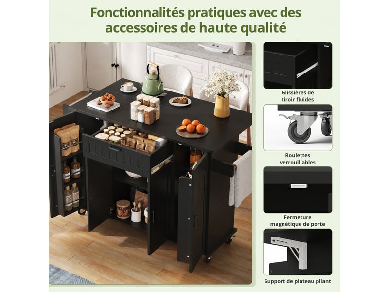  Îlot de cuisine à roulettes, plan de travail rabattable 120 x 45-70 x 95 cm, 4 portes, noir  - Conforama D