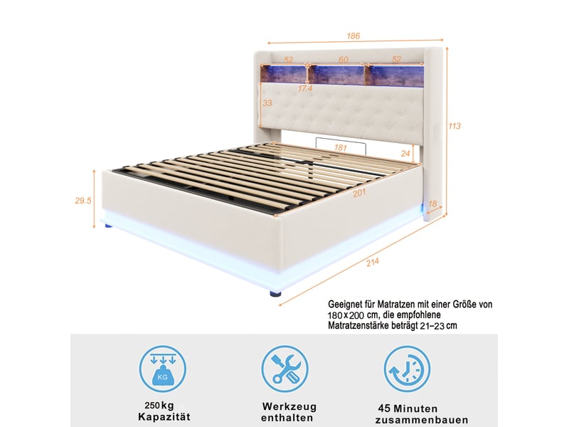  Lit coffre led 180 x 200 cm avec rangement hydraulique, usb et tissu beige  - Conforama C