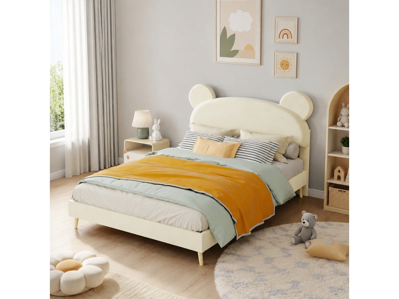  Lit enfant 140 × 200 cm 2 places avec tête de lit rembourrée, matelas inclus, en tissu et métal, beige  - Conforama B