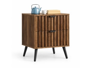 Table de nuit 2 tiroirs 45 x 40 x 53 cm, finition noyer en panneaux mdf, piètement métallique stable et design encastré