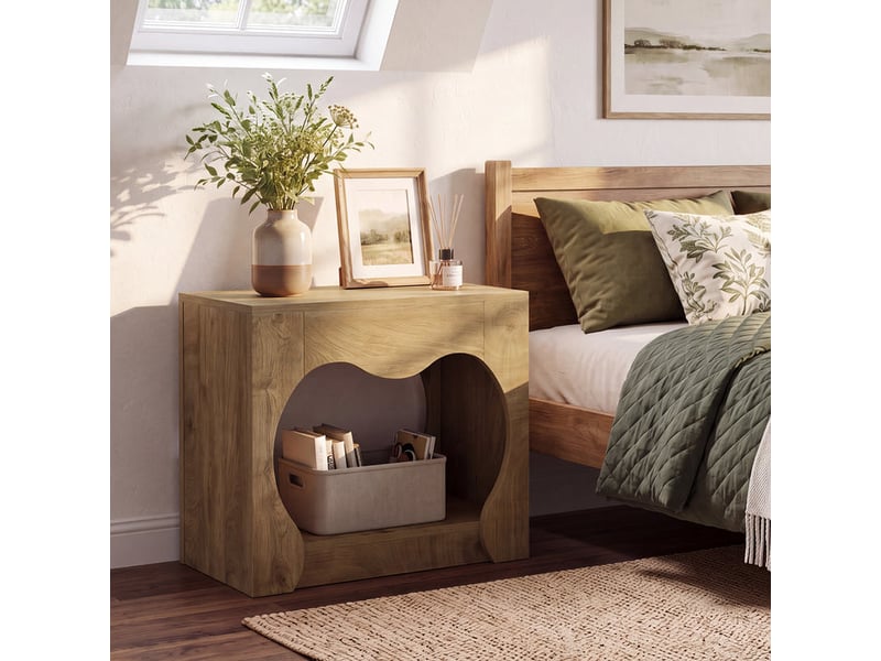  Table d'appoint style ferme à 2 niveaux avec étagères de rangement, table de chevet rectangulaire et étroite avec découpe en arche, idéale pour les petits espaces, le salon ou la chambre – marron naturel  - Conforama E