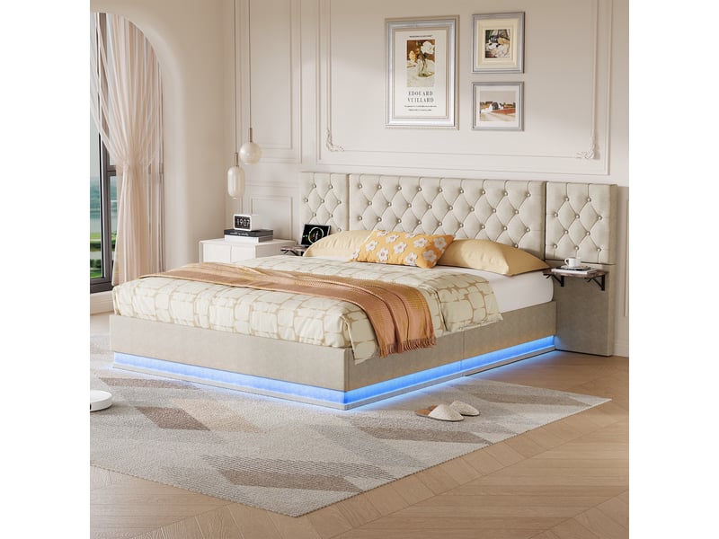  Lit 160x200cm - lit coffre 160x200 - lit double led avec tête de lit large et tables de chevet intégrées - en lin beige  - Conforama C