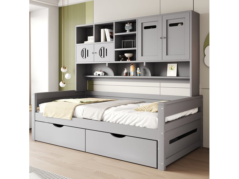  Lit multifonction, 90x200 cm, 2 tiroirs, avec plusieurs espaces de rangement, matelas non inclus, bois, coloris gris  - Conforama B