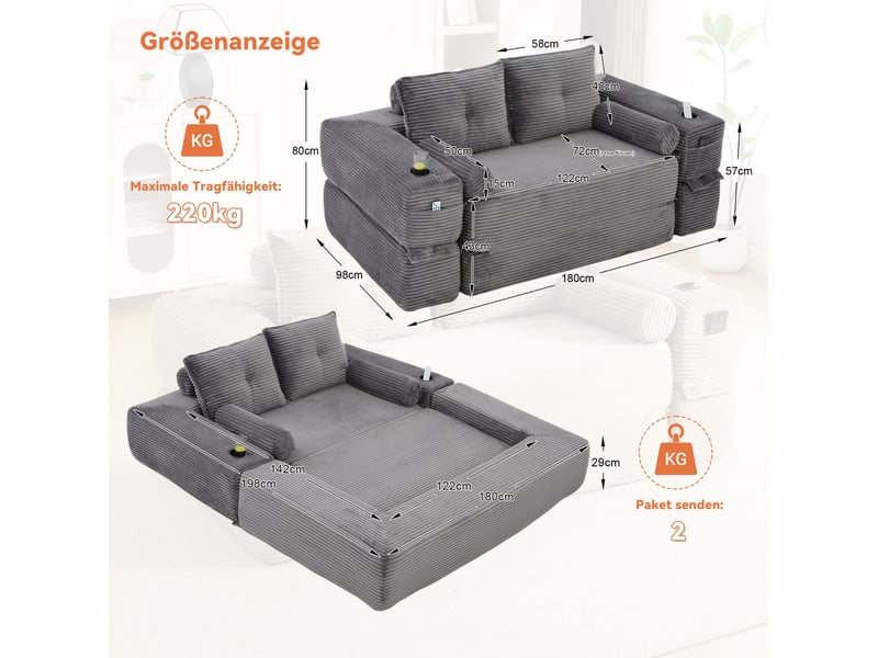  Canapé convertible 2 places en velours côtelé gris foncé avec poches et porte-gobelet  - Conforama C